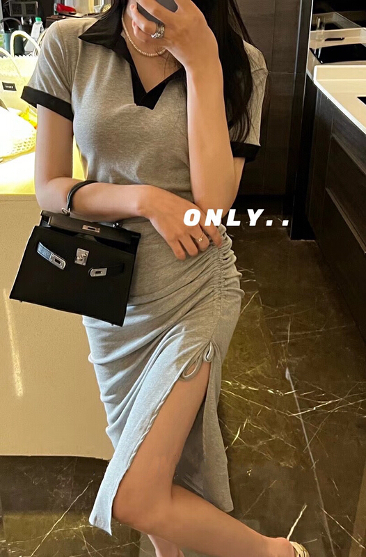 [only] short sleeved split neck drawstring dress 3120# JJ