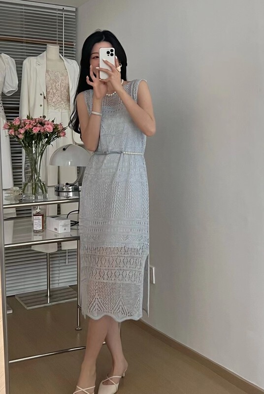 [sunshine] Korean hollow out design vest skirt + two-piece suit with solid color suspender skirt inside (with belt) 301721# cqw