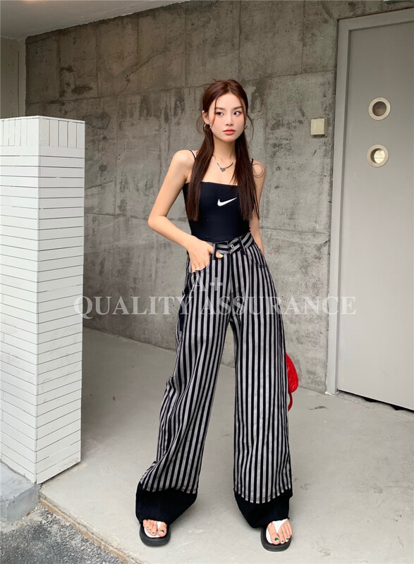 [a +] personalized striped wide leg jeans m055# ozq
