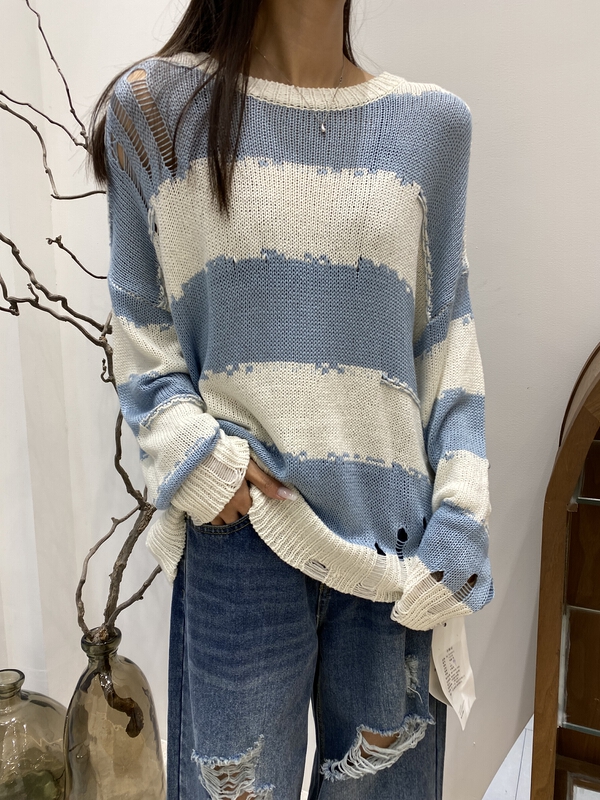 New year in early spring! [Bu class] Korean striped warm sweater with worn edges and holes 14145# zxl
