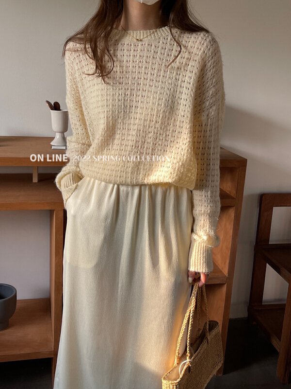 New in early summer! [on line] crew neck hollow out solid color versatile pullover shirt 02507# lwy