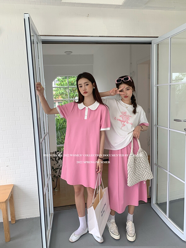 [teem ing] simple print design Short Sleeve T-Shirt + versatile skirt set 22t183# hjy