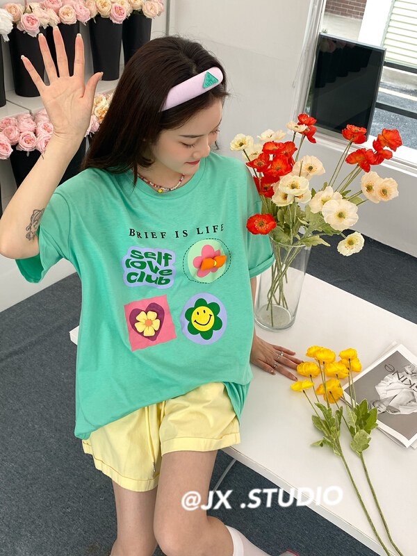 [JX] Korean English bow flower short sleeve T-shirt (T-shirt only) t1060# WTT