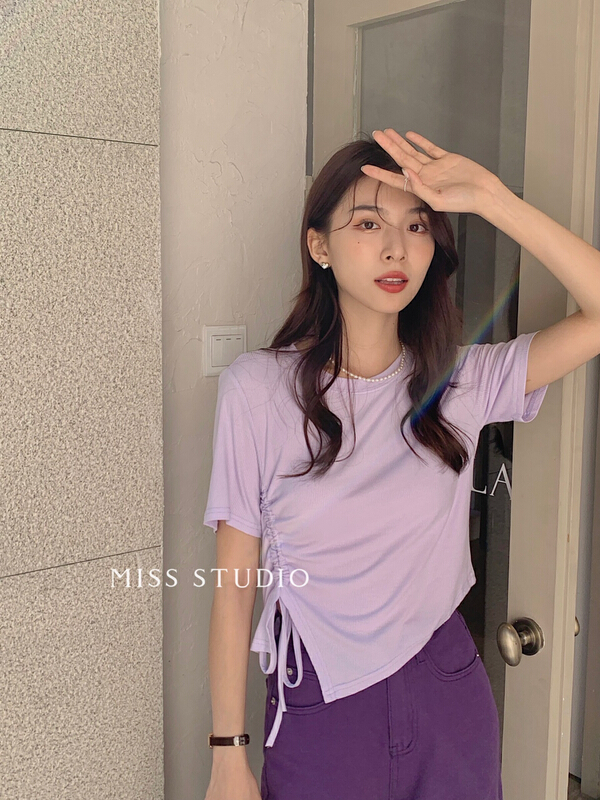 New in early summer! [miss miss home] simple solid color drawstring short sleeved T-shirt f2223# zjy