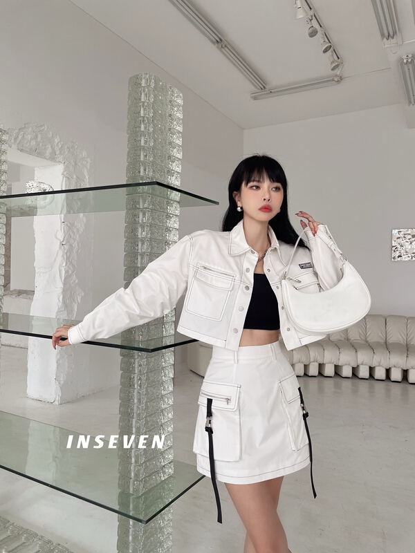 Original price 188.99! New year in early spring! [inseven] trendy harbor wind engineering suit large pocket short coat + versatile skirt suit 26099# ozq