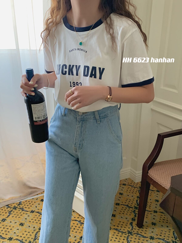 New year in early spring! [HH] color blocked letter printed Korean Short Sleeve T-shirt ys1-6623# L