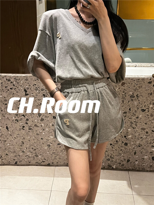 [ch room] simple letter P loose T-shirt + casual Shorts Set 8735# ozq
