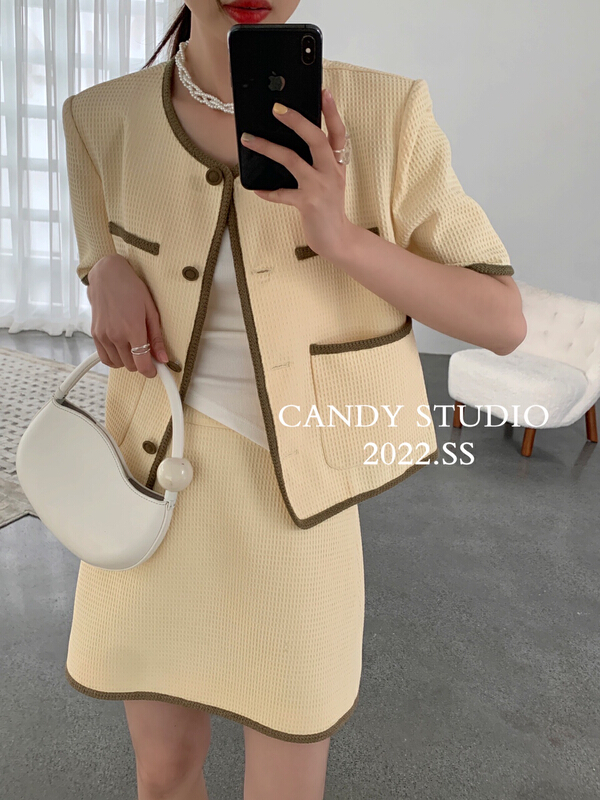 現貨!【糖果CANDY】小香風撞色邊短外套+顯瘦半身裙兩件套裝  B9002#  ZSY