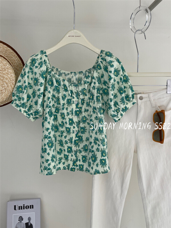 [Sunday morning] Korean print bubble sleeve short shirt ys1-9080# ZSY