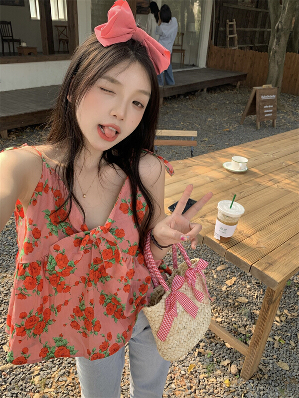 初夏上新!【及時雨】韓風ins甜美玫瑰流蘇系帶設計感蝴蝶結背心/吊帶  52149#  WPL