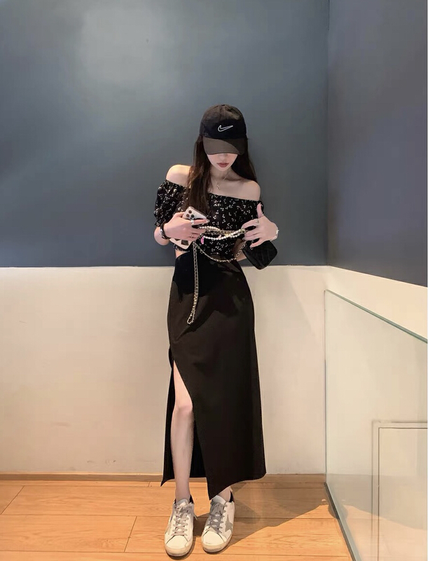 [savage] French retro solid color high waist side irregular split skirt e8259# WPL