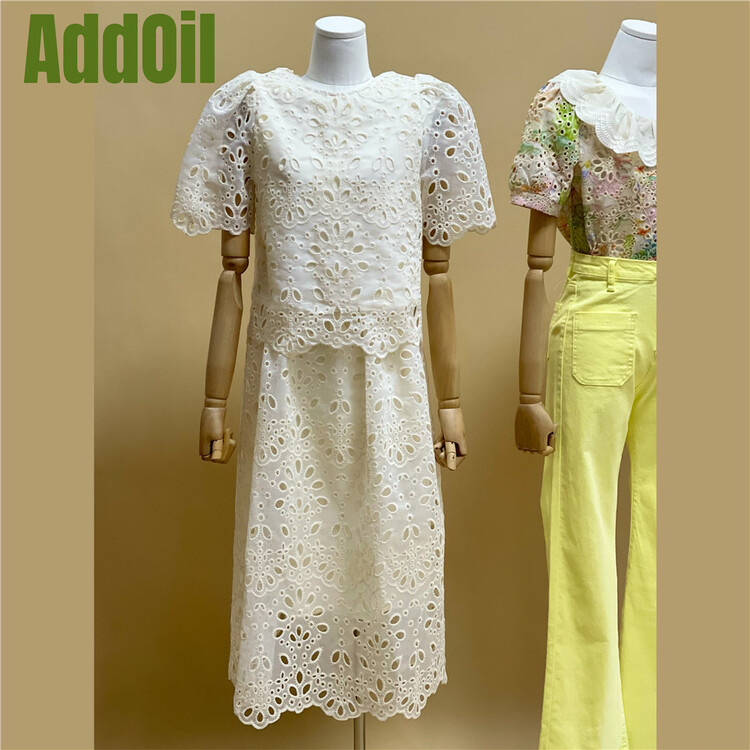 [addoil] simple bubble sleeve blouse + Lace temperament skirt suit 3309# zxl