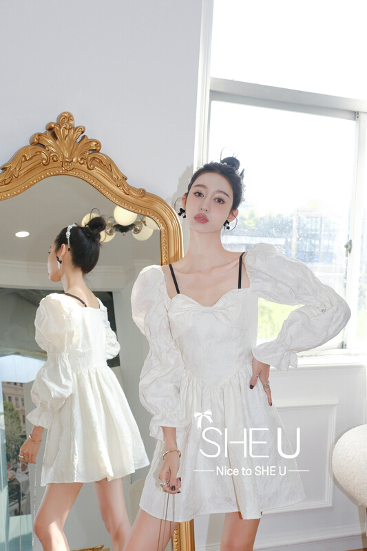 goods in stock! New year in early spring! [she u] French temperament, waist closing and thin, bow square neck dress c58091# cqw