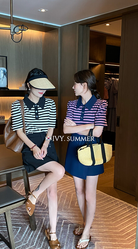 [Ivy] Korean striped polo collar bubble sleeve short sleeve T-shirt + irregular suit 88227# XJ