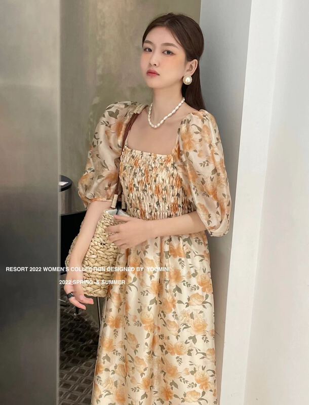 New in early summer! [yoomini] French Style Bubble Sleeve slim fit and thin floral medium length dress x12659# WPL