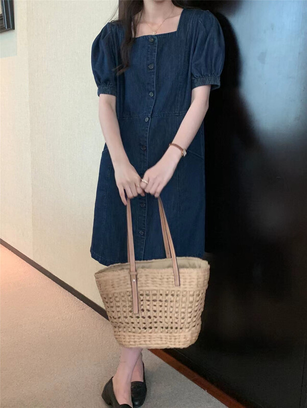 [OA] Korean style square collar single breasted denim dress 1266# XYY