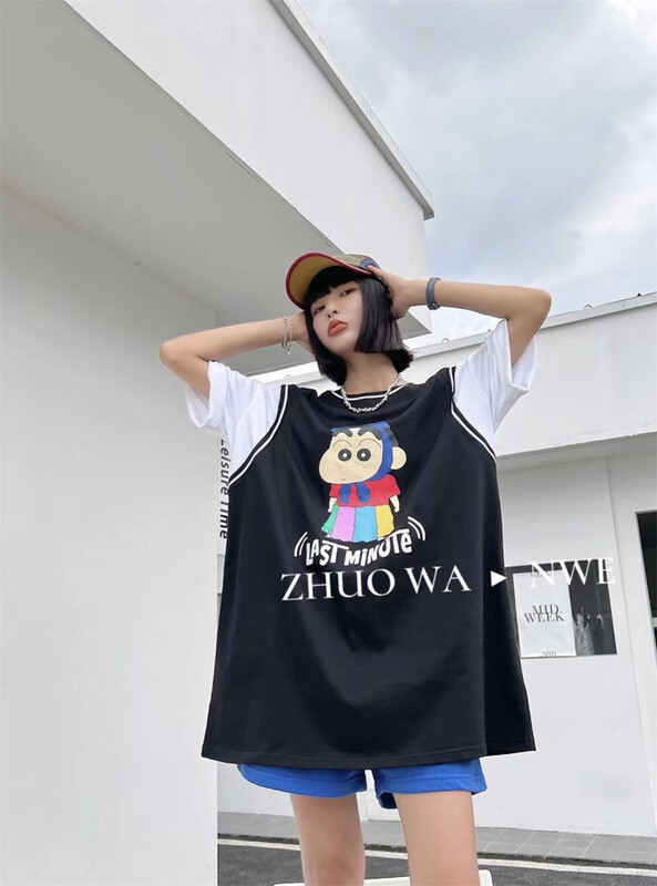 [buyer Yan Xuan zhuowa] round neck fake two crayon Xiaoxin printed short sleeve T-shirt 6133# Cl