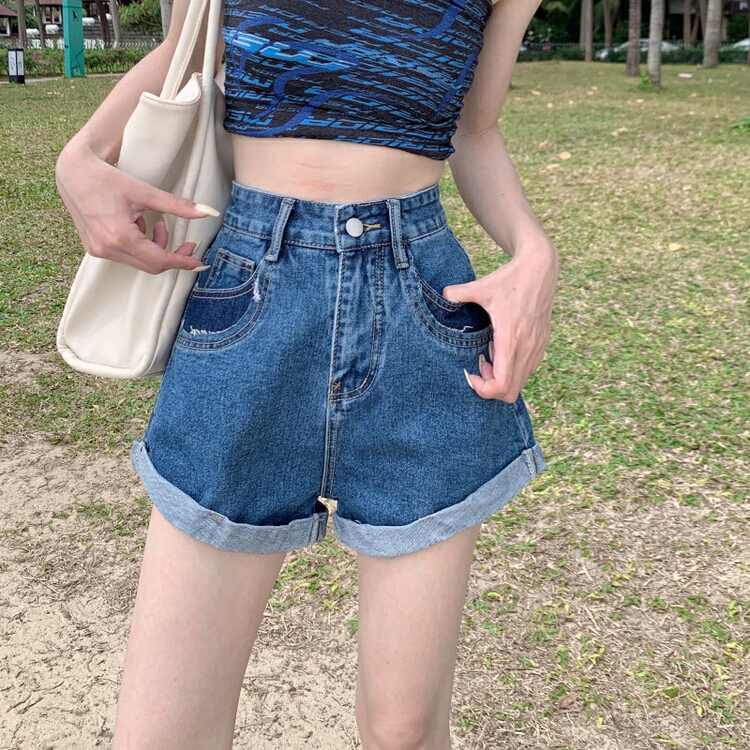 [ten. Ten] Korean version ins stitched broken high waist thin denim shorts 0805# WPL