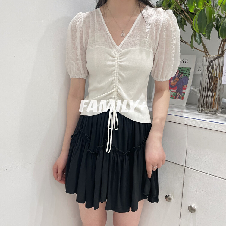 New in early summer! [family +] Korean V-neck Chiffon stitched ice silk drawstring blouse 22207# ozq