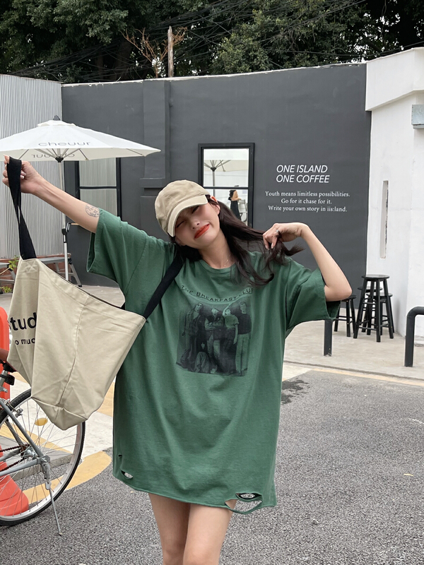 Early spring! [misu rice plain] round neck loose print short sleeve T-shirt 2206# ll