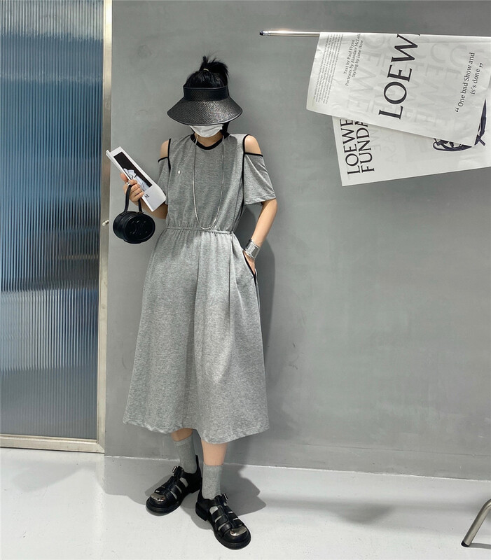 [Hyso] rubber band waist color contrast off shoulder dress 5170# XJ