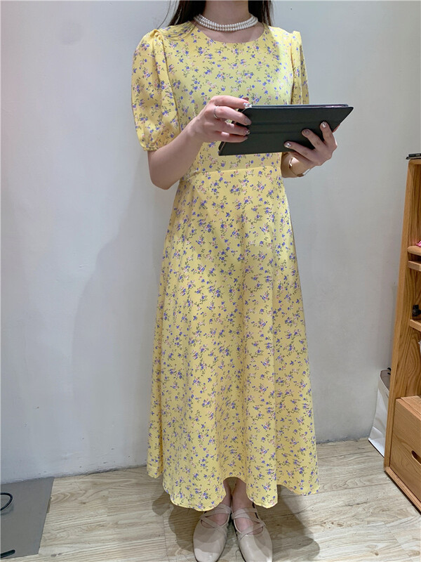 [sugar offices] round neck floral waist lace up dress 1188# HBx