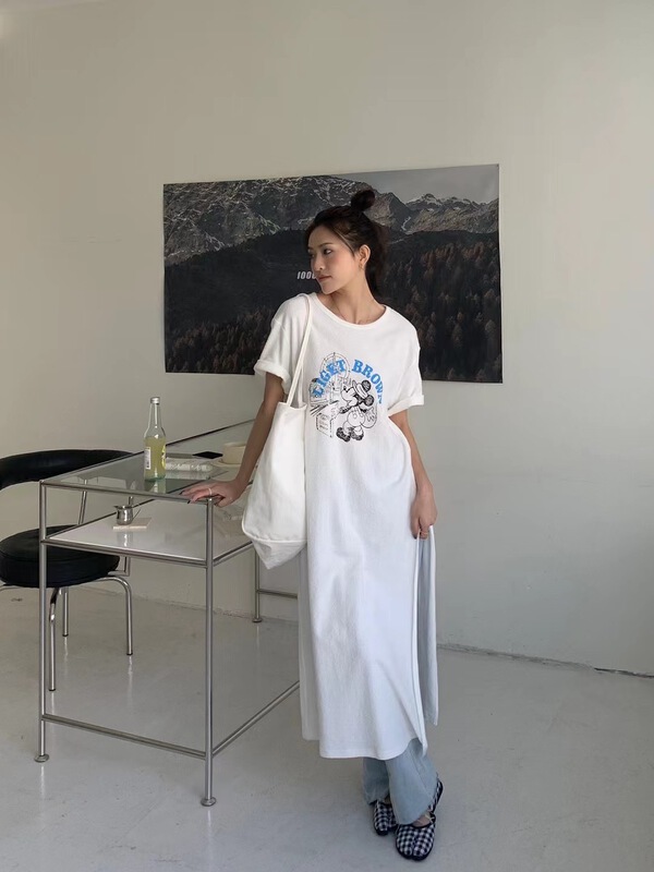 goods in stock! [Las celula] Korean round neck short sleeve long print dress c7336# zxx