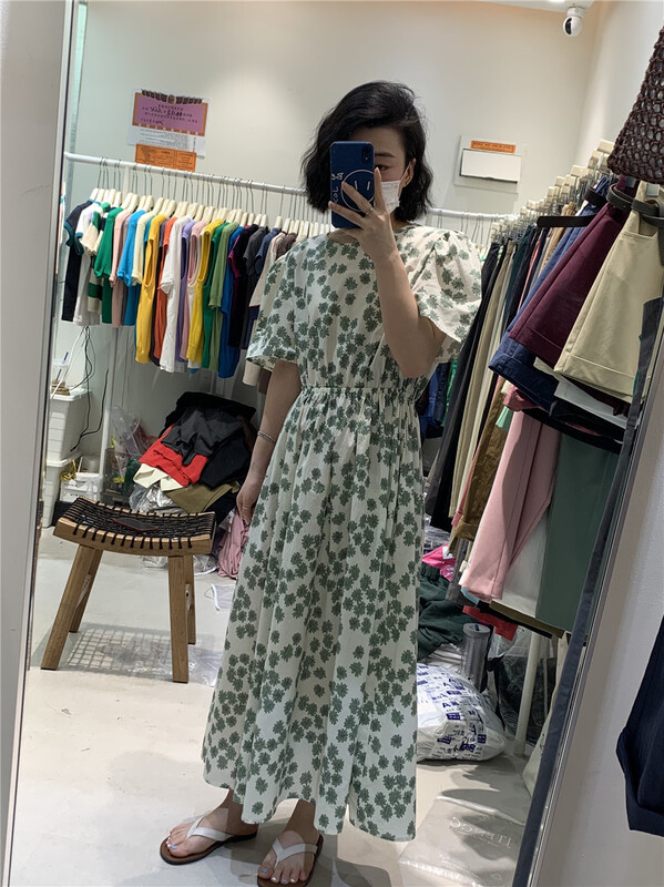 New in early summer! [jtengc Kato] Korean waist closing print medium length dress 1972# lwy