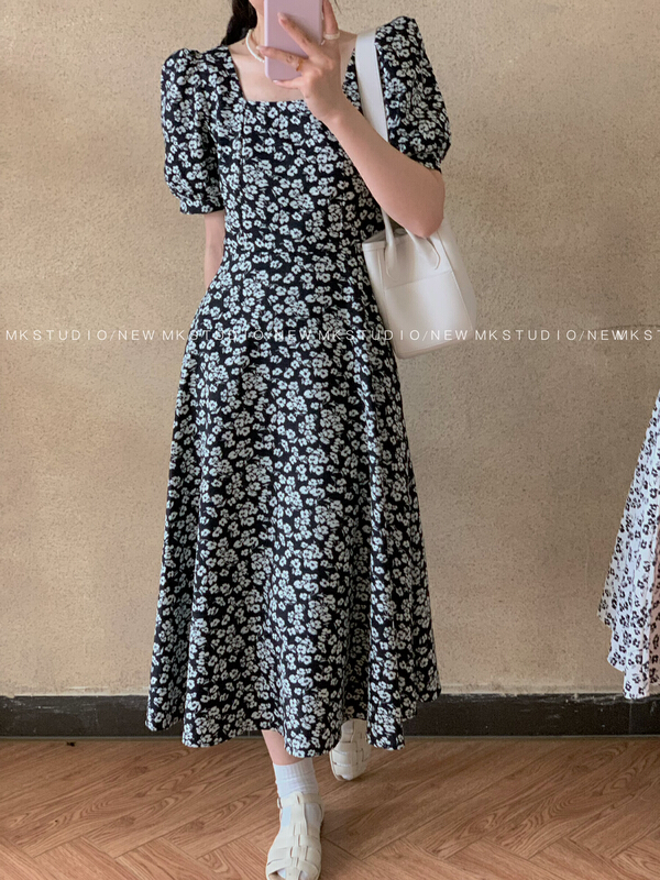 [MK] bubble sleeve lady square neck dress (with head rope) 8181# hjy