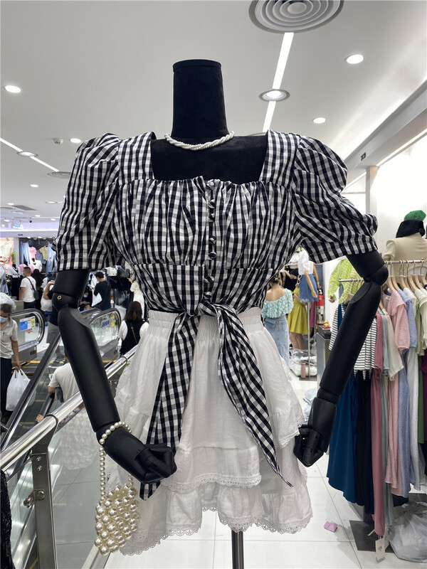 [xiaocaimiao] Korean Style Bubble Sleeve Plaid Shirt 8367# lwy