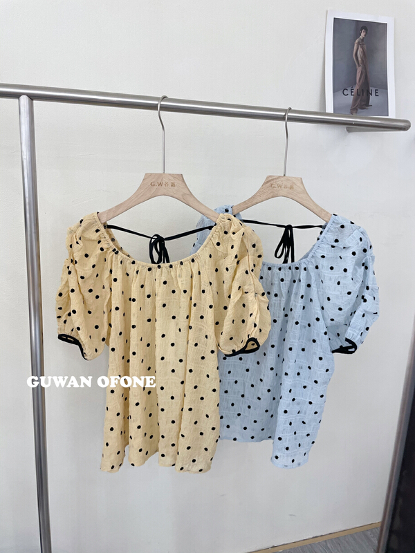 [Guwan] French Chic wave point lace up chiffon shirt 5677# zxx