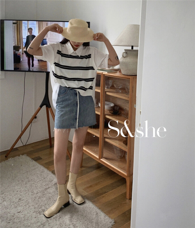 【S&SHE】韓版假兩件條紋短袖小衫  1170A#  XJ