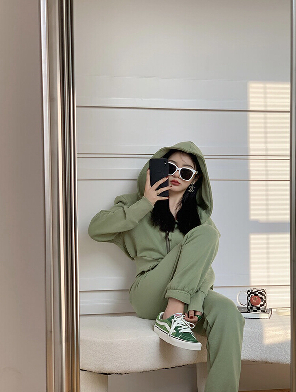 goods in stock! New year in early spring! [y.jia Yijia] short HOODED JACKET + high waist casual pants set ys2-7733# PCZ
