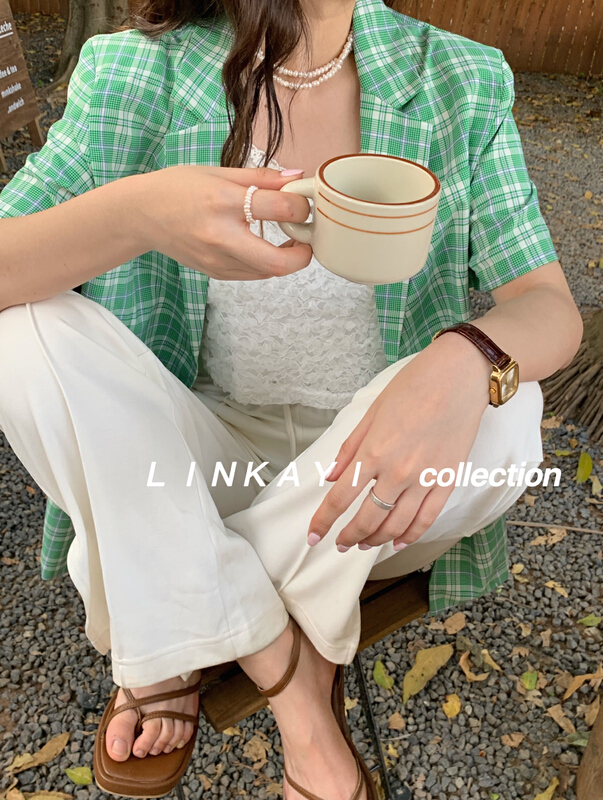 New year in early spring! [linkayi] Korean style lattice loose short sleeve suit 22235# hjy