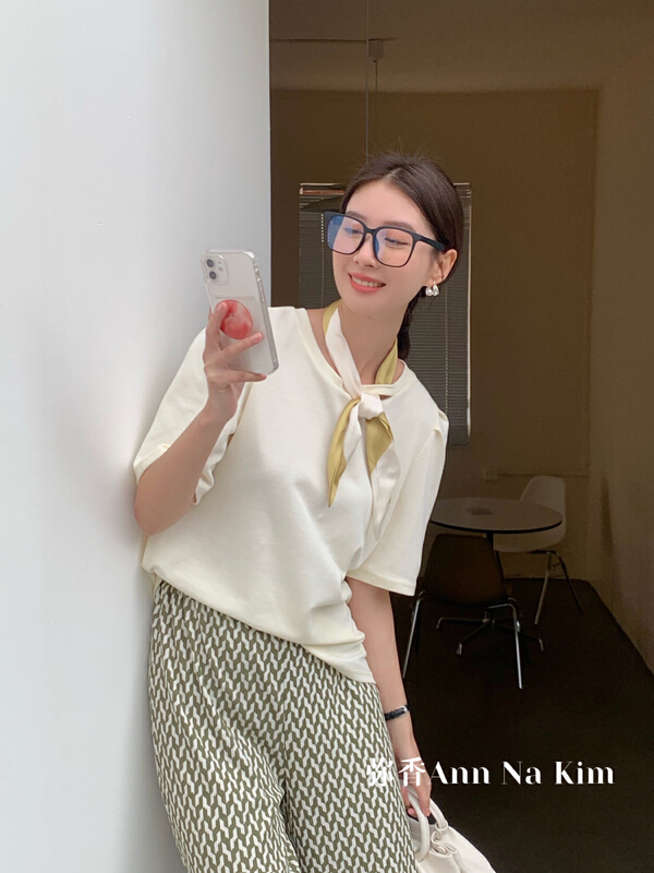 [Mi Xiang] simple temperament bubble sleeve shirt (with silk scarf) 5006# hjy