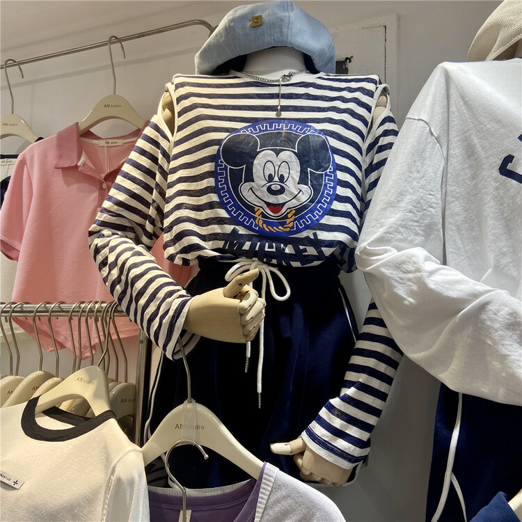 [an studio] Mickey printed long sleeve T-shirt + elastic waist loose casual pants set ys1-8790# L