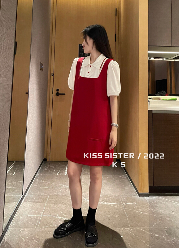 【KISS SISTER】減齡無袖女背帶裙+短袖POLO領小衫套裝  9192#  OZQ