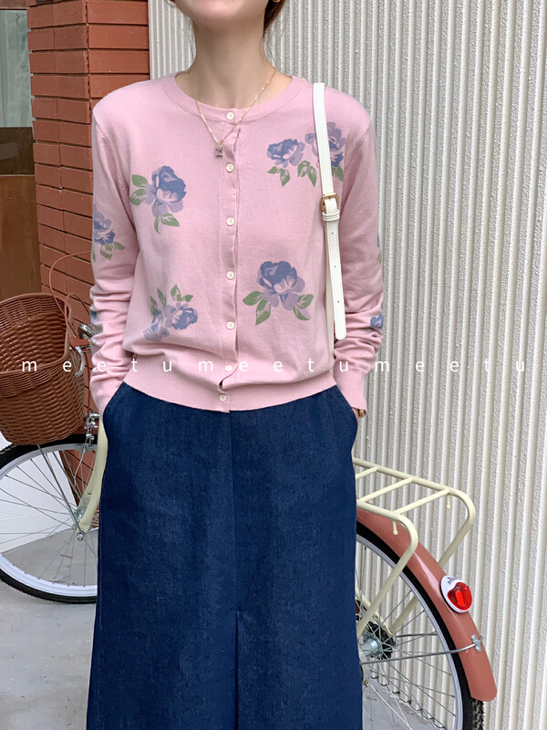 [meetu] Vintage Rose printed knitted cardigan 336# ZSY