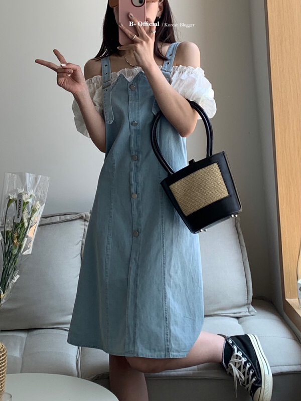 goods in stock! [B plus] Korean fashion stitched denim dress 22-9292-2# HBx