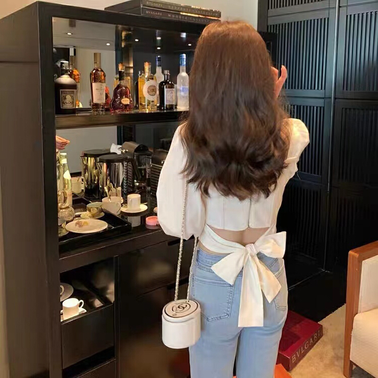 New year in early spring! [are studio] French design style square neck lace up bow knot hollowed out blouse 9721# WPL