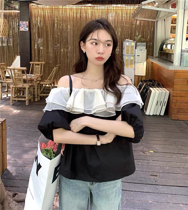 goods in stock! [y.jia Yijia] gentle and versatile one line shoulder lotus leaf edge small shirt ys1-6712# PCZ