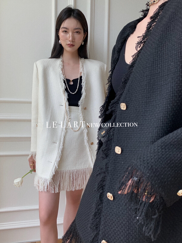 goods in stock! New year in early spring! [le lart] original high-end fashionable French style small fragrance style woolen edged gold button tweed suit ll2234# jhy