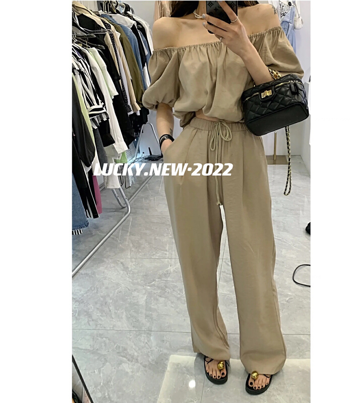 [lucky] modern Off Shoulder Top + high waist and Wide Leg Pants Set 8731# zxx