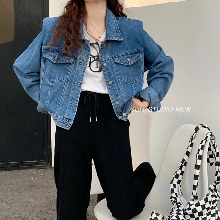 New year in early spring! [uh] Korean Vintage shoulder padded denim jacket 7635# hjy