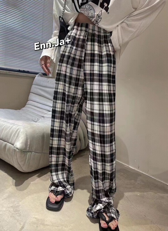 【F】 Fashionable and versatile Plaid elastic waist casual pants 1355# HBx