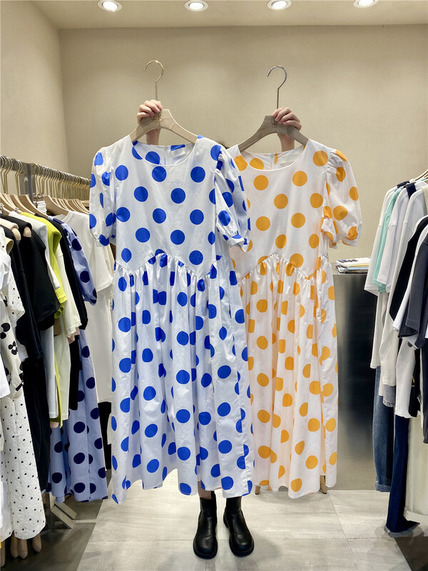 【K】 Korean version big wave dot medium length dress 5988# JJ