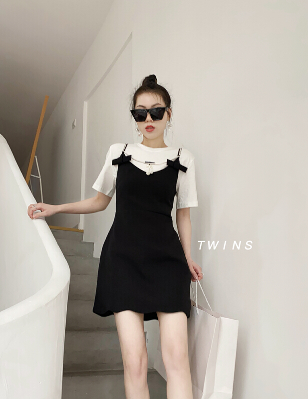 [twins] Rhinestone chain bow V-neck Sling Dress 8066# hjy