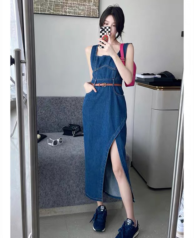 New in early summer! [Kiki studio] simple denim sleeveless suspender skirt (with belt) 5691# hjy