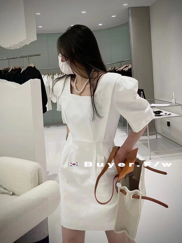 [buyer] clean color square wash cotton back zipper dress 0373# WTT
