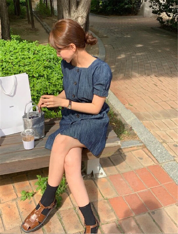 goods in stock! [next station] Korean version square neck casual denim dress 22196# ZSY
